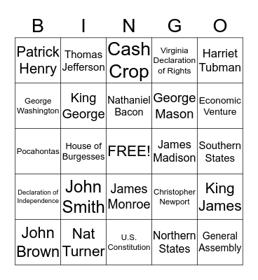 Virginia History Review Bingo - Pre Civil War Bingo Card