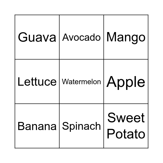 Fruits and Vegetables! Bingo Card