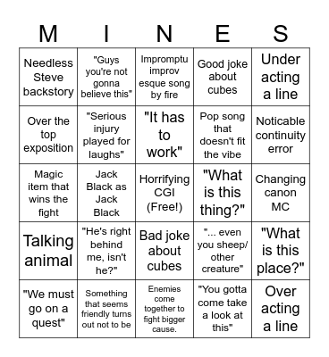 Minecraft Movie Bingo Card