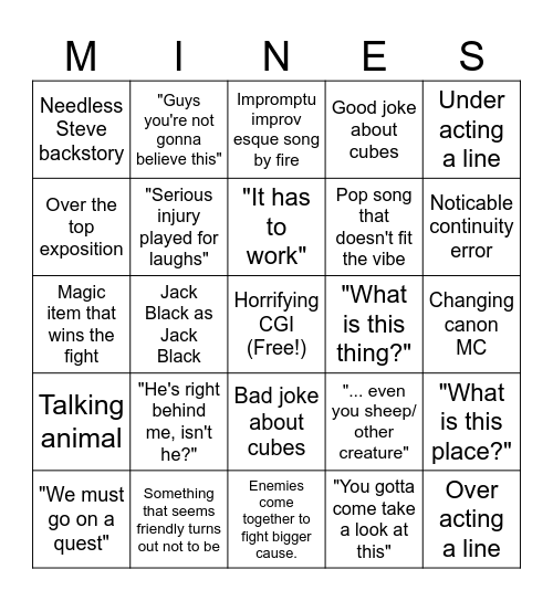 Minecraft Movie Bingo Card