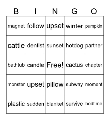 Closed syllable Bingo Card