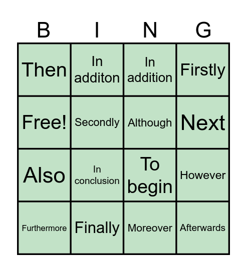 Connectives Bingo Card