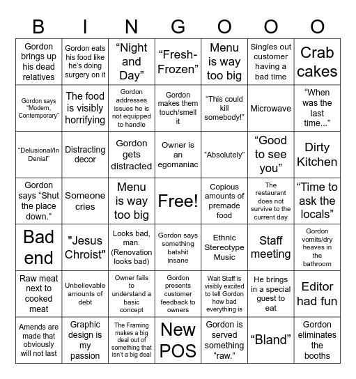 Lady Sarah's Kitch Night Bingo Card (Download on her Patreon) Bingo Card