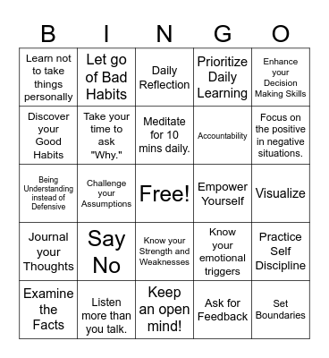 Self Awareness Bingo Card