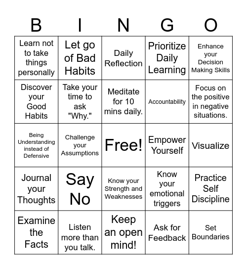 Self Awareness Bingo Card