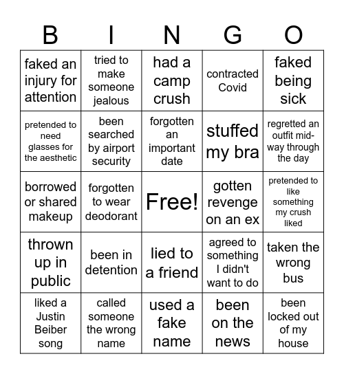 Never Have I Ever Bingo Card