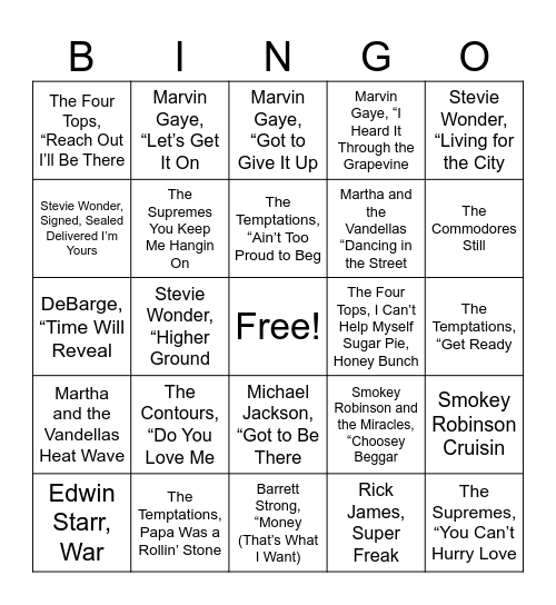 Motown Bingo Card