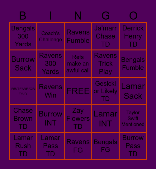 Ravens v Bengals Bingo Card