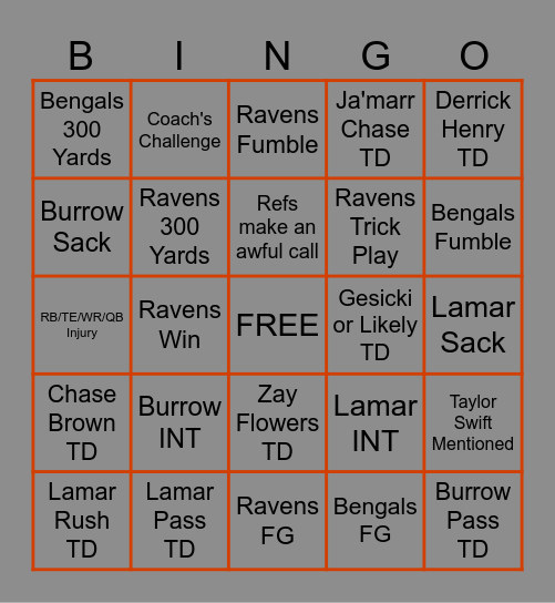 Ravens v Bengals Bingo Card