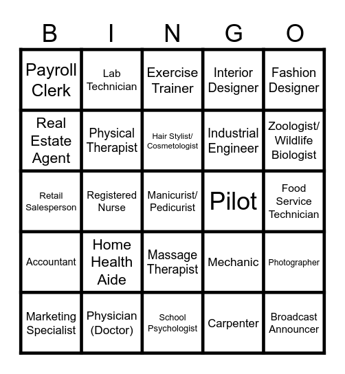 Career Cluster Bingo Card