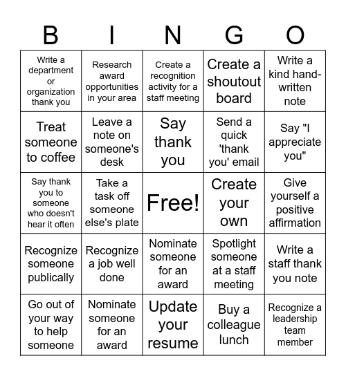 Recognition Bingo! Bingo Card