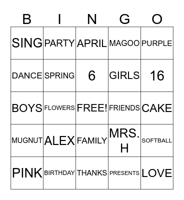 Alex's Birthday Bingo Card