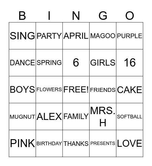 Alex's Birthday Bingo Card