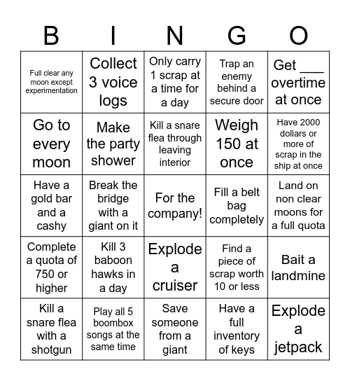 Lethal Company Bingo Card