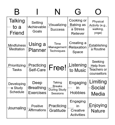 Stress Coping Skills Bingo Card