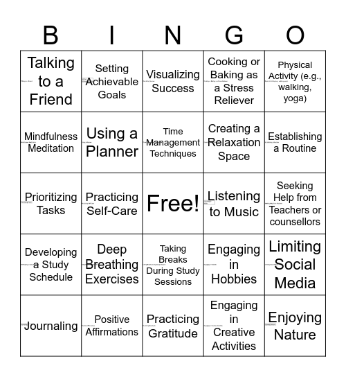 Stress Coping Skills Bingo Card