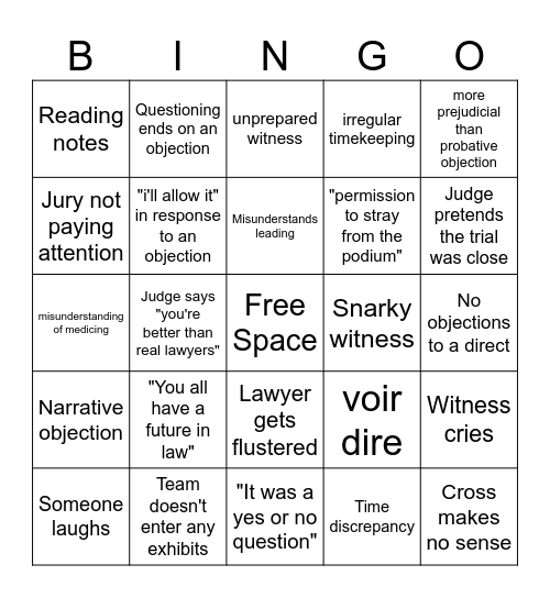 Mock Trial Bingo Card