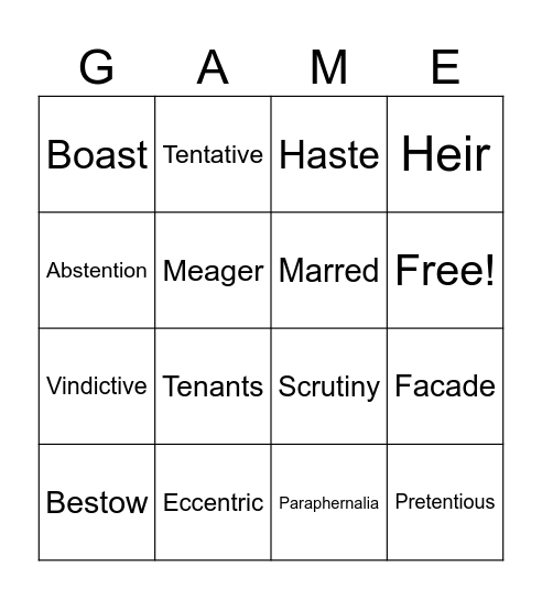 Vocabulary BINGO Card