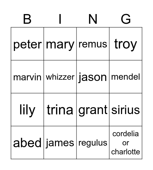 characters Bingo Card