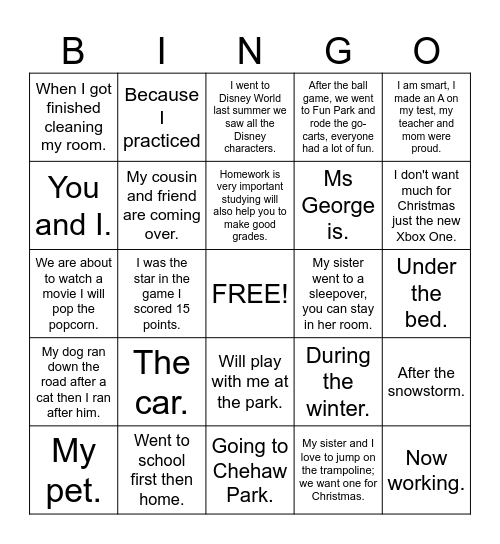 Run-On & Fragment Sentences Bingo Card