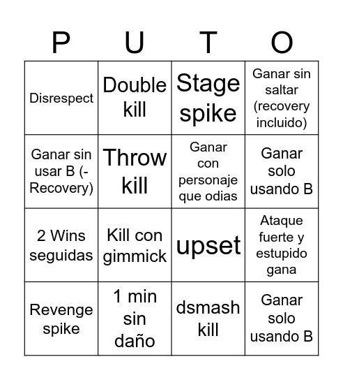 Smash individual Bingo Card