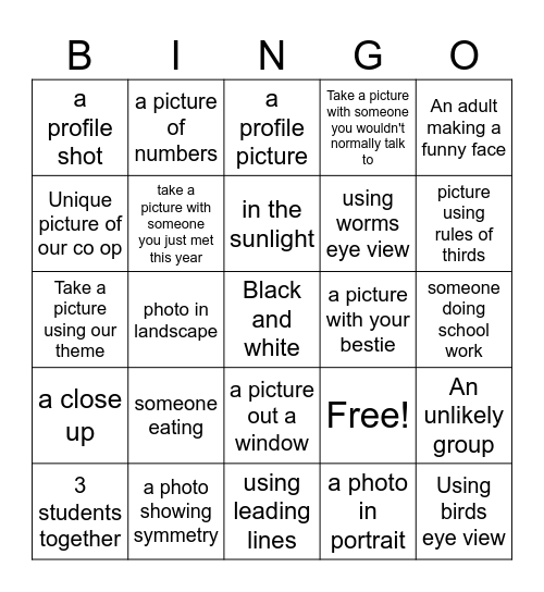 Yearbook photography bingo Card