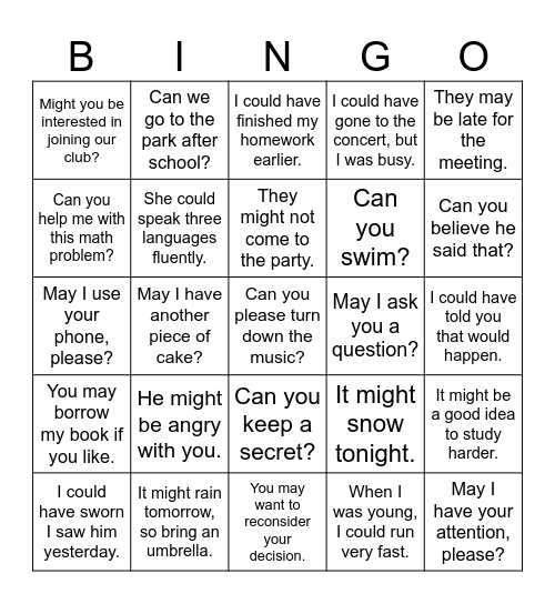 May Might Can Could Bingo Card