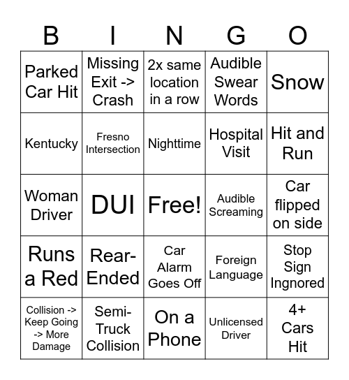 Car Crash Compilation Bingo Card