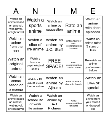 Anime Bingo Challenge Bingo Card