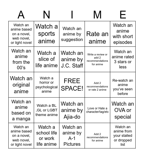 Anime Bingo Challenge Bingo Card