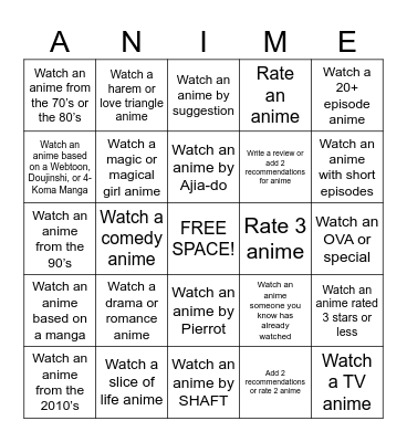 Anime Bingo Challenge Bingo Card