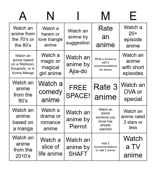 Anime Bingo Challenge Bingo Card