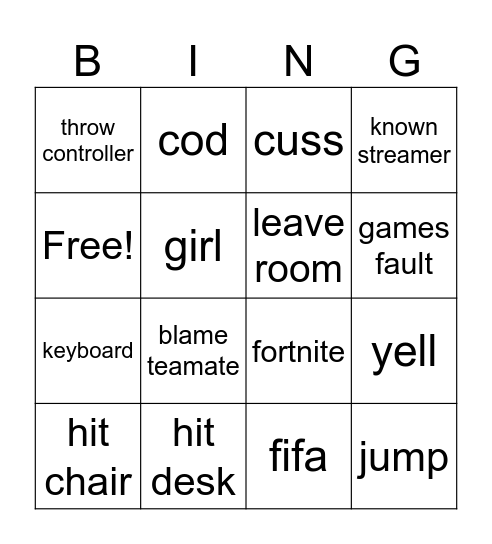 rage Bingo Card