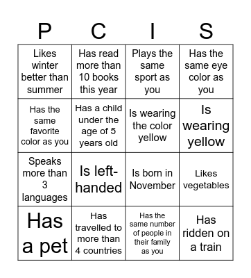 PCIS Bingo Game Bingo Card