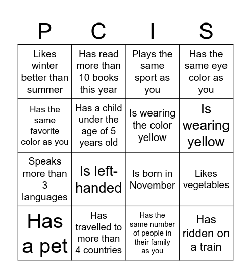 PCIS Bingo Game Bingo Card