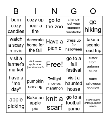 Fall bucket List Bingo Card