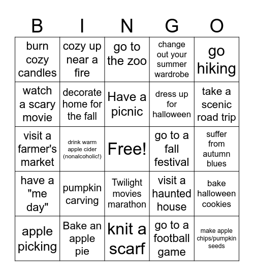 Fall bucket List Bingo Card