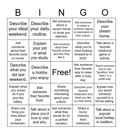 Language Exchange Bingo Card