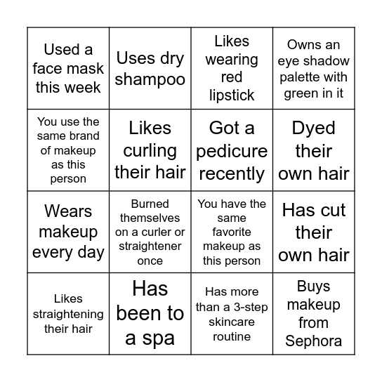 Beauty Bingo Card