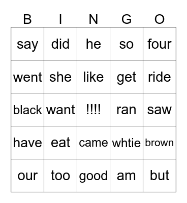 Sight Words 2A Bingo Card