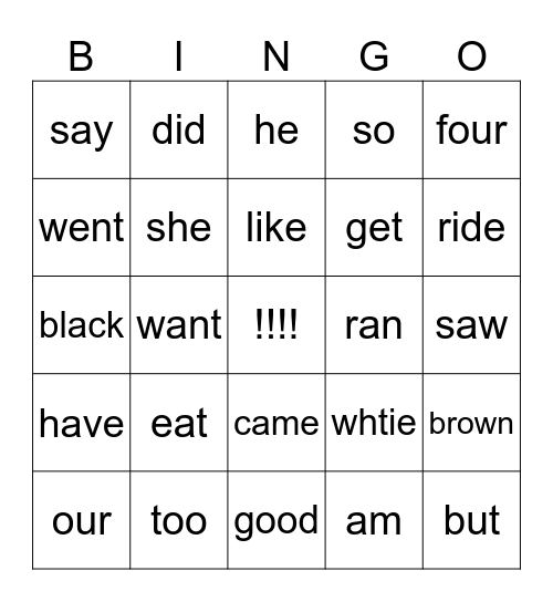 Sight Words 2A Bingo Card