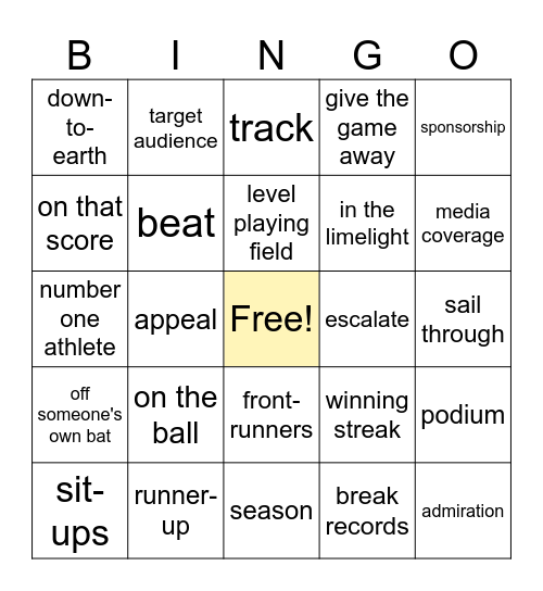 Sport idioms and vocabulary | Unit 8 Bingo Card