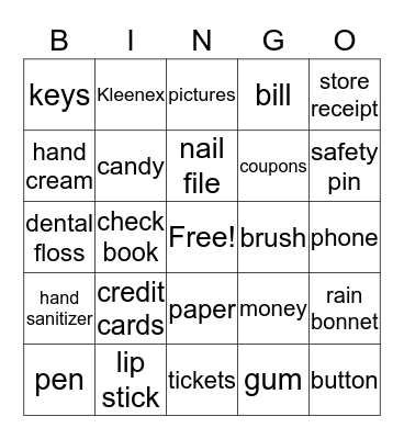 What in your purse? Bingo Card