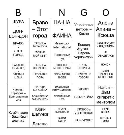 90е МУЗЫКАЛЬНОЕ Bingo Card