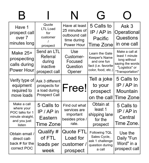 Prospecting Power Hour Challenge Bingo Card