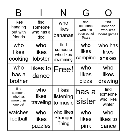 Find someone who... Then ask a follow up question Bingo Card