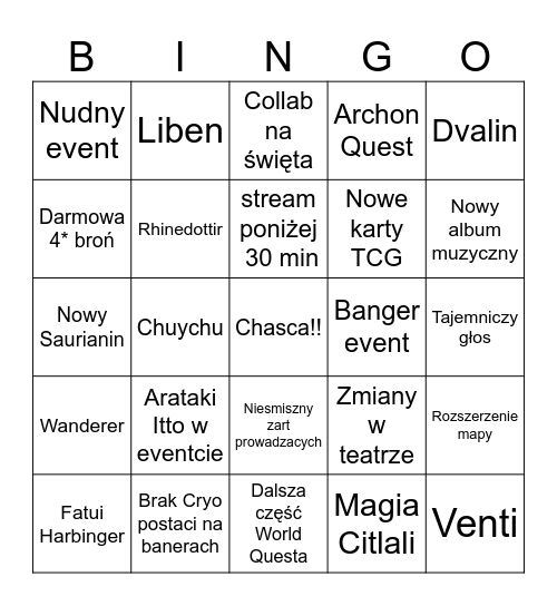 Genshin 5.2 Bingo Card