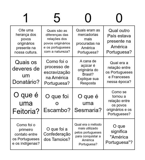 Bingo Colonização da América Portuguesa Bingo Card