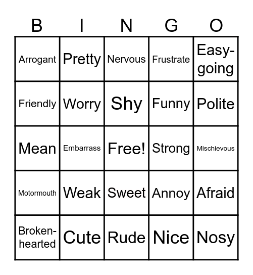 Personality Traits with Opposite Bingo Card