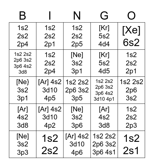 Electron Configuration Bingo Card